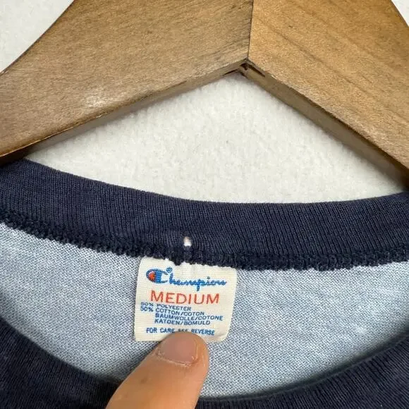 Vintage St Johns Shirt Mens Medium Blue Champion Ringer 80s Single Stitch USA - Picture 7 of 9